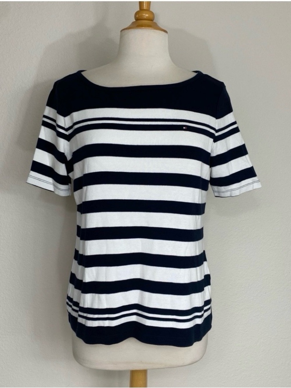 Tommy Hilfiger Womens Navy White Stripe Thick Cotton T-Shirt Size Large Retro